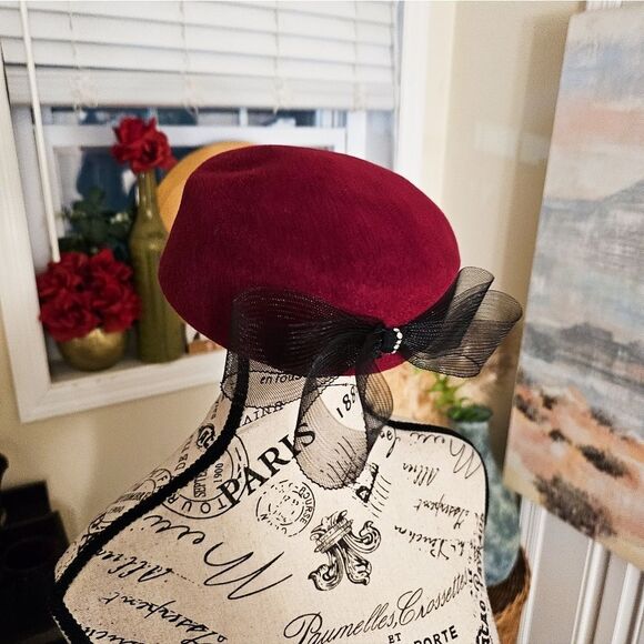 VTG Retro Wool Felt Mesh Bow Accent Pillbox Stylish Beret Hat. - Picture 9 of 15